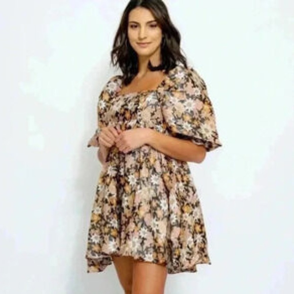 Storia Black Floral Puff Sleeve Babydoll Dress Sz L